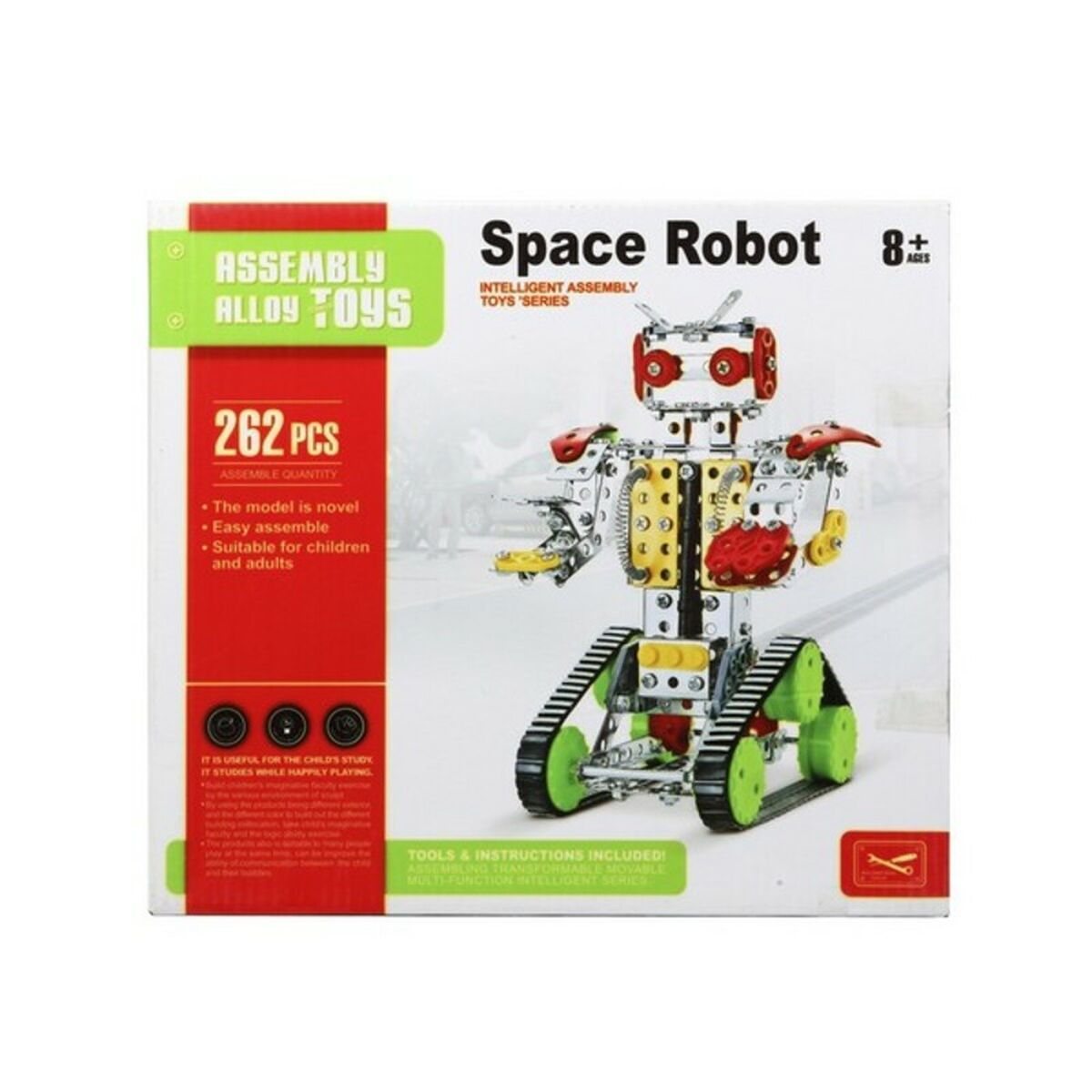 Verpackung für ein Weltraumroboter-Spielzeug mit 262 Teilen, zeigt einen metallischen Roboter mit Ketten und grünen Rädern.
