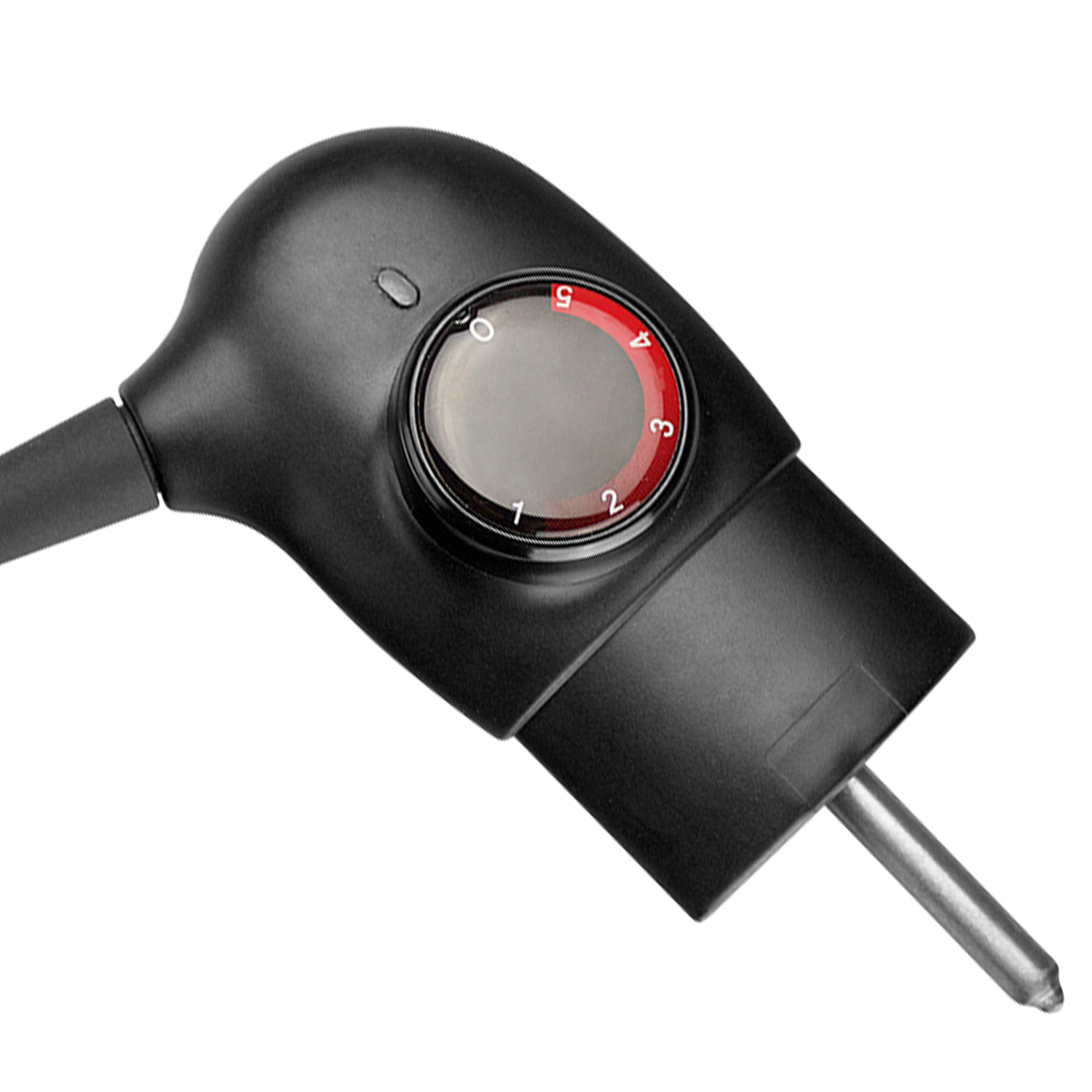 Enchufe negro con dial rojo para ajuste de temperatura.
