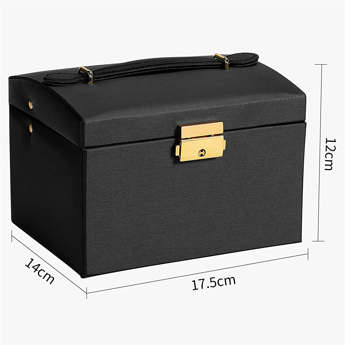 Schwarze Schmuckschatulle mit Griff, goldenem Verschluss, 17,5x14x12cm.