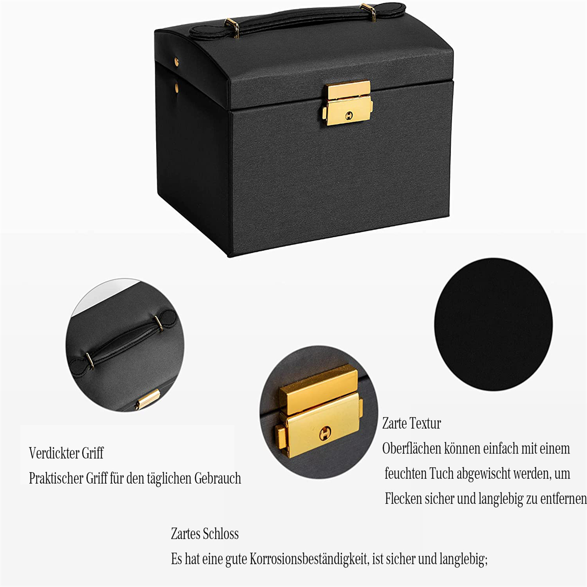 Schwarze Schmuckschatulle mit goldenem Verschluss und Griff.