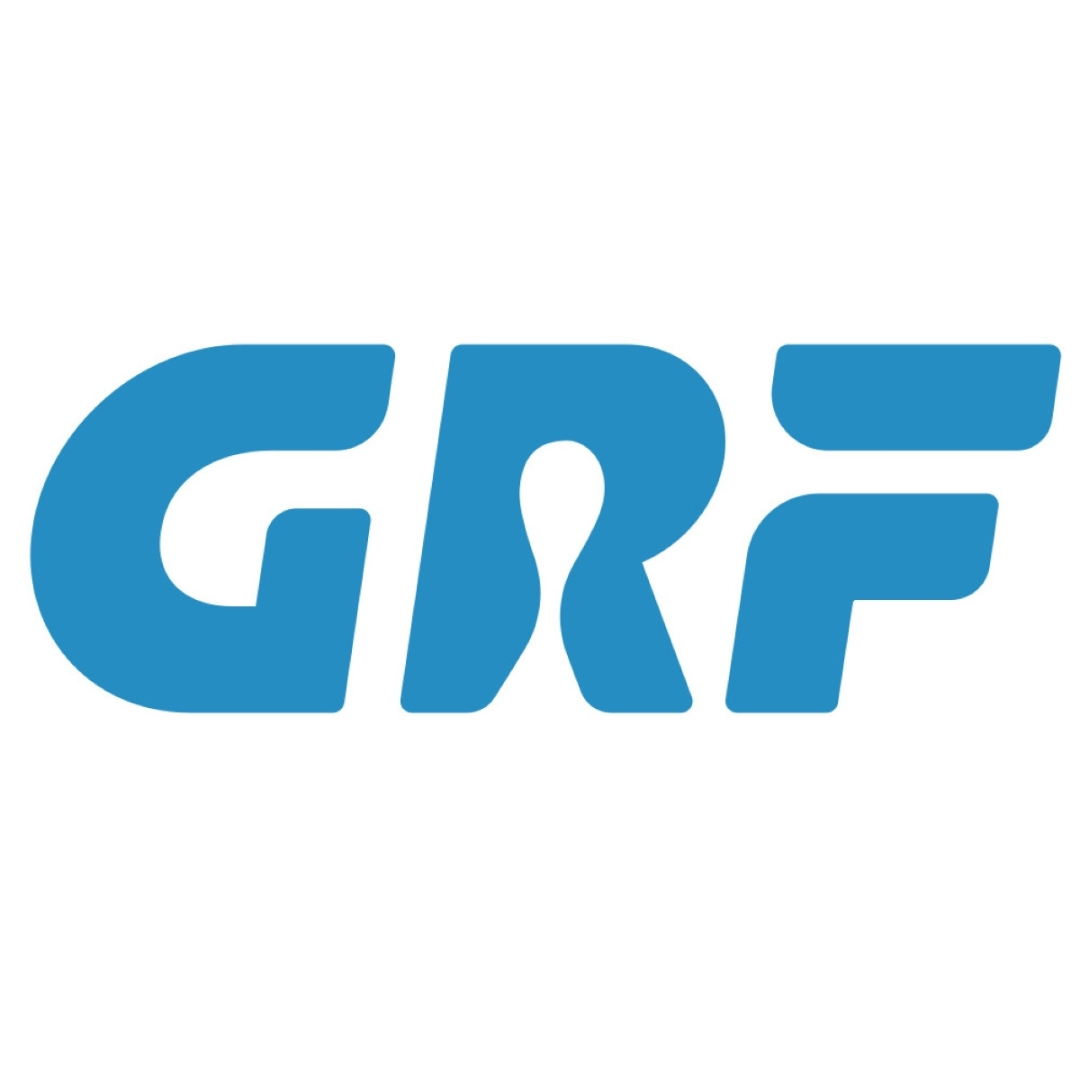 Il logo GRF blu su sfondo bianco.