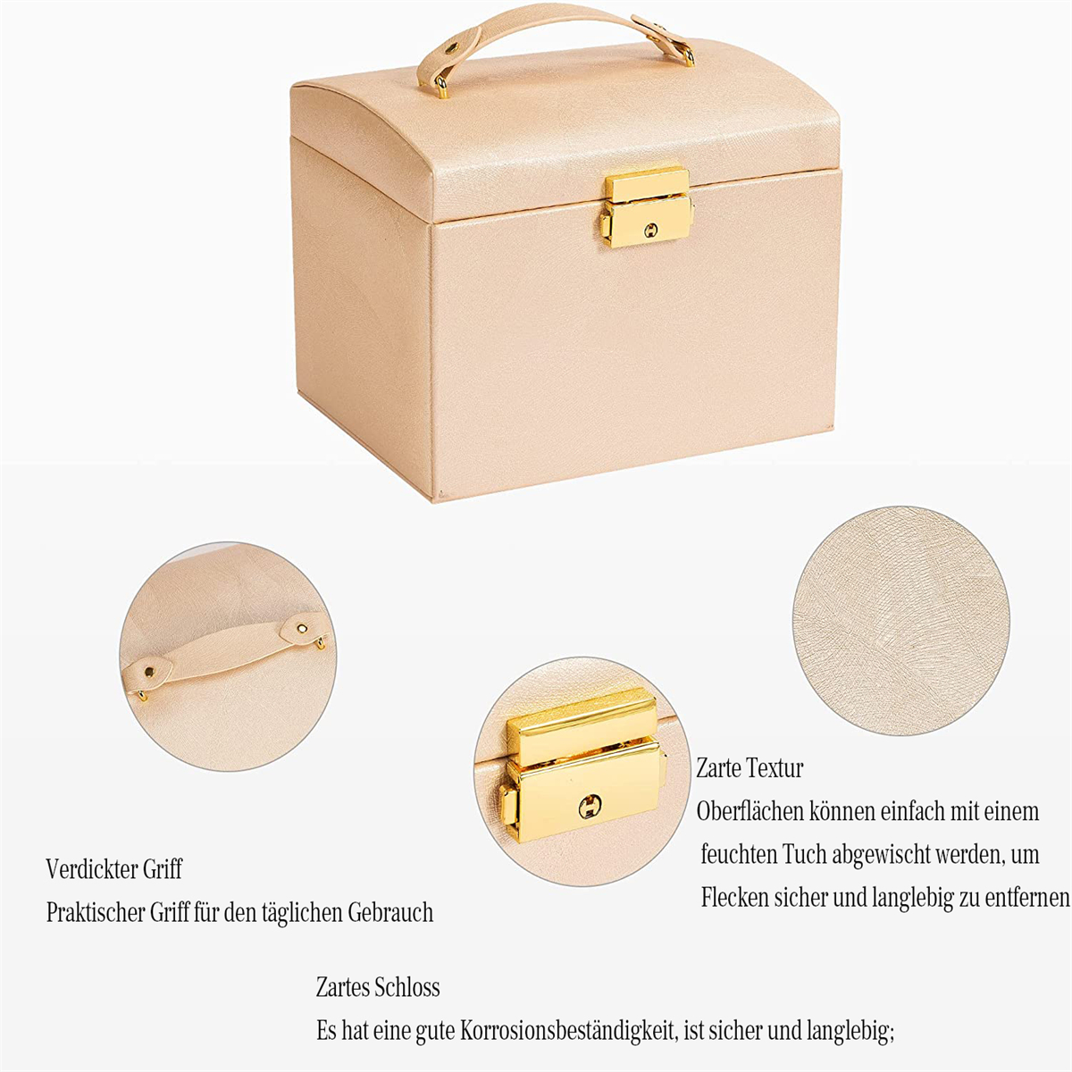 Beige Schmuckschatulle mit goldenem Griff und Schloss, Nahaufnahmen zeigen Textur.