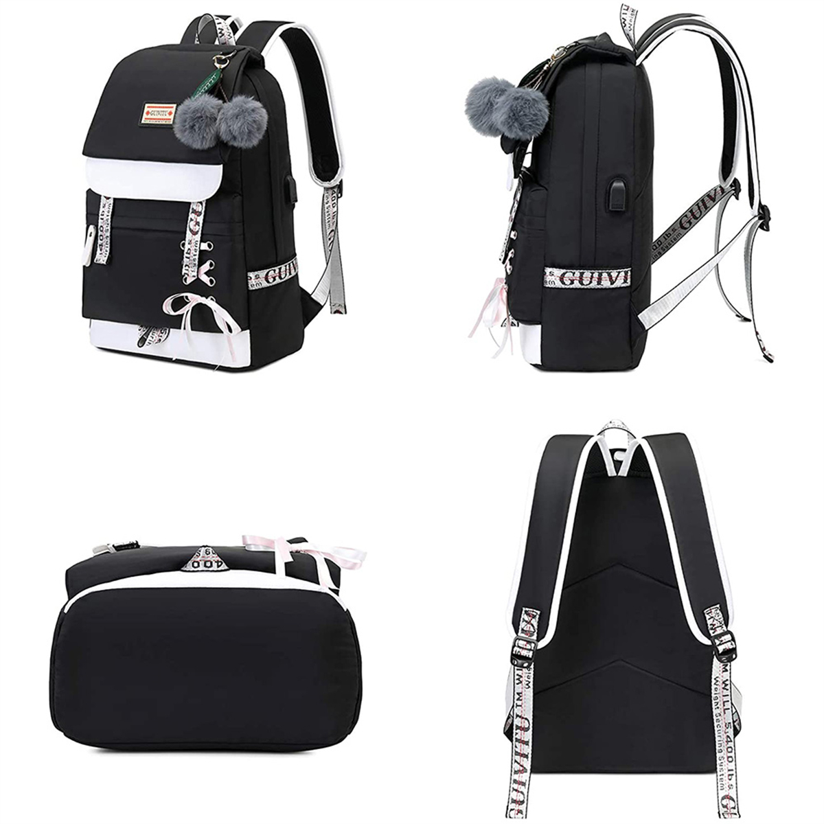 Schwarzer Rucksack mit weißen Akzenten und flauschigen Anhängern.
