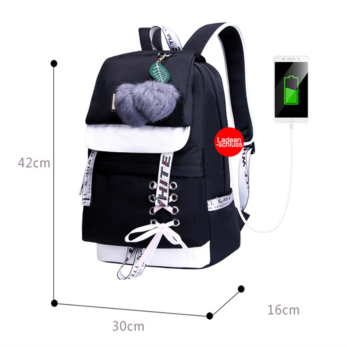 Schwarzer Rucksack mit weißen Akzenten, rosa Schleife und Ladefunktion.