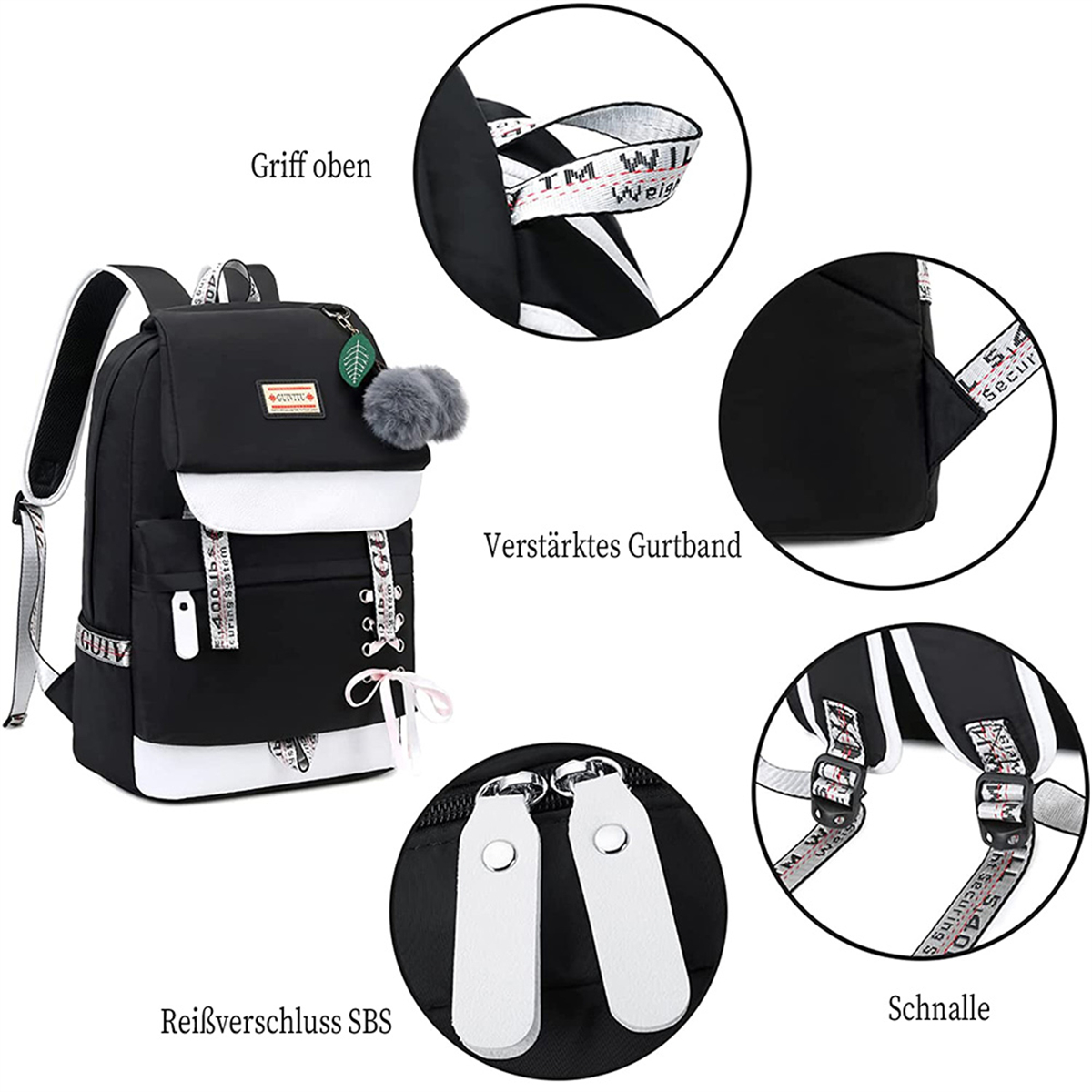 Ein schwarzer Rucksack mit weißen Akzenten, Anhängern und Schnallen.