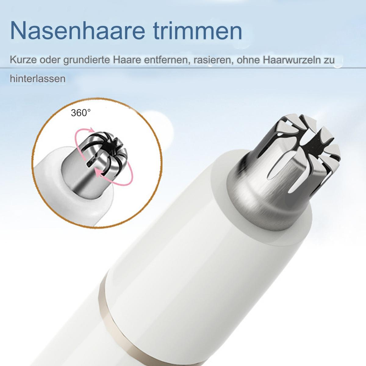 Ein weißer Nasenhaartrimmer mit einem silbernen Kopf und einer 360-Grad-Drehanzeige.