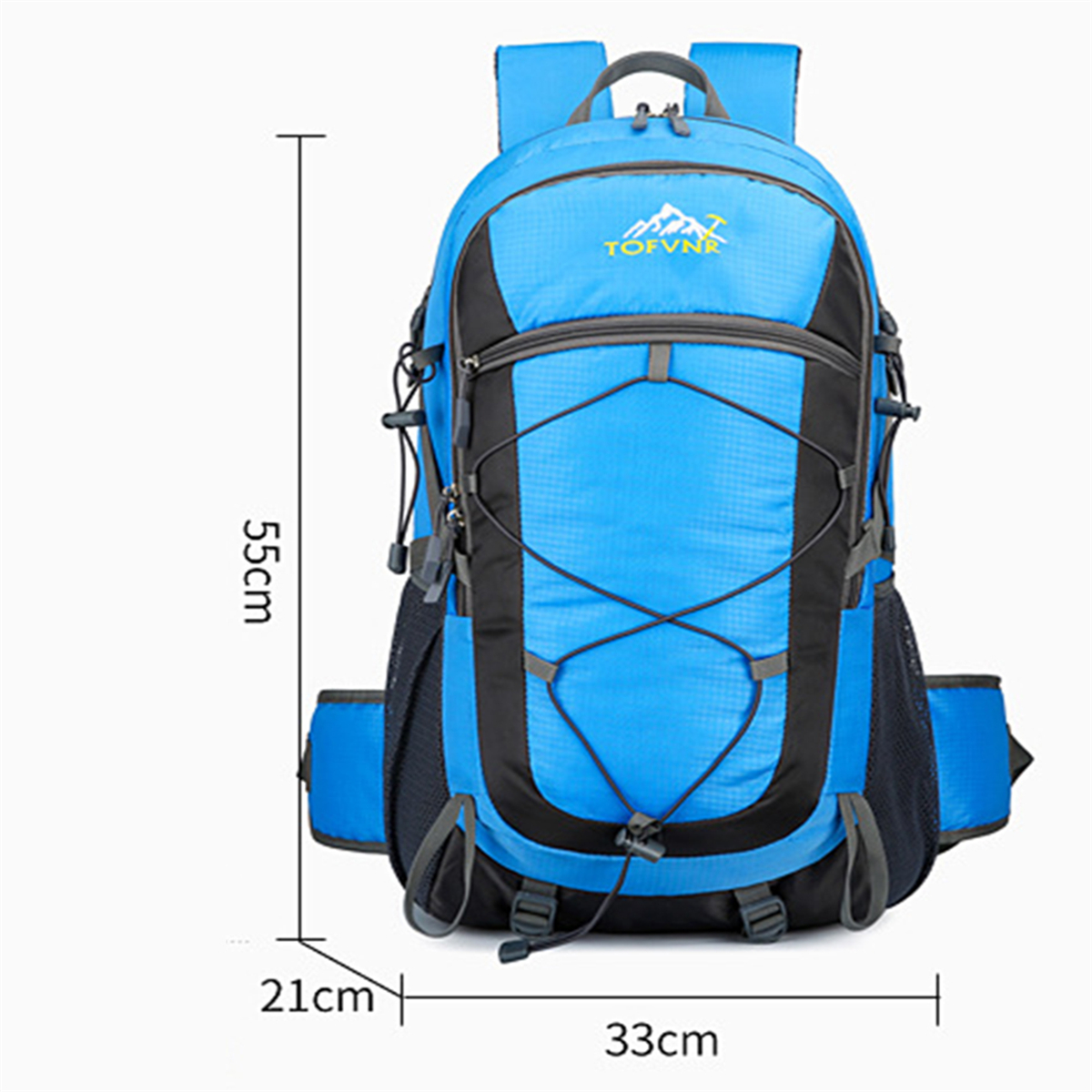 Ein blauer Rucksack mit schwarzen Akzenten und einem TOFVNR-Logo.