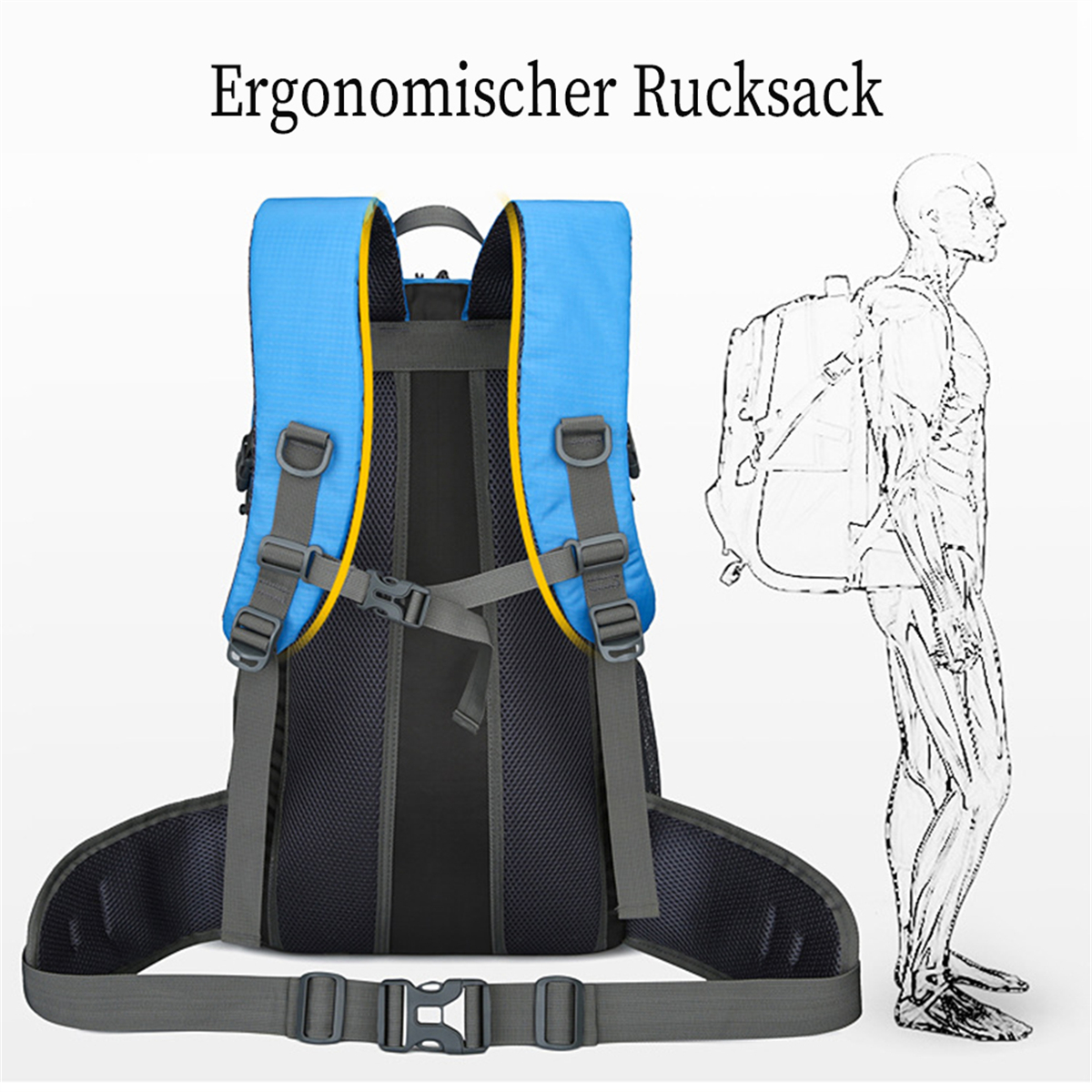 Blauer Rucksack mit ergonomischer Darstellung eines menschlichen Körpers.