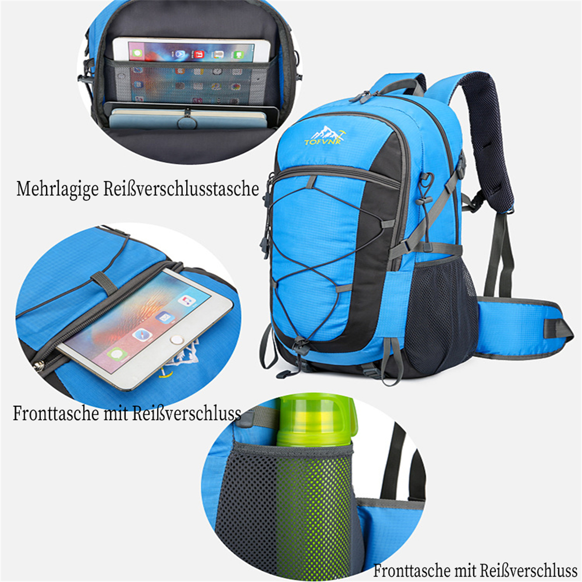 Ein blauer Rucksack mit mehreren Fächern, Tablet-Taschen und einer Flaschentasche.