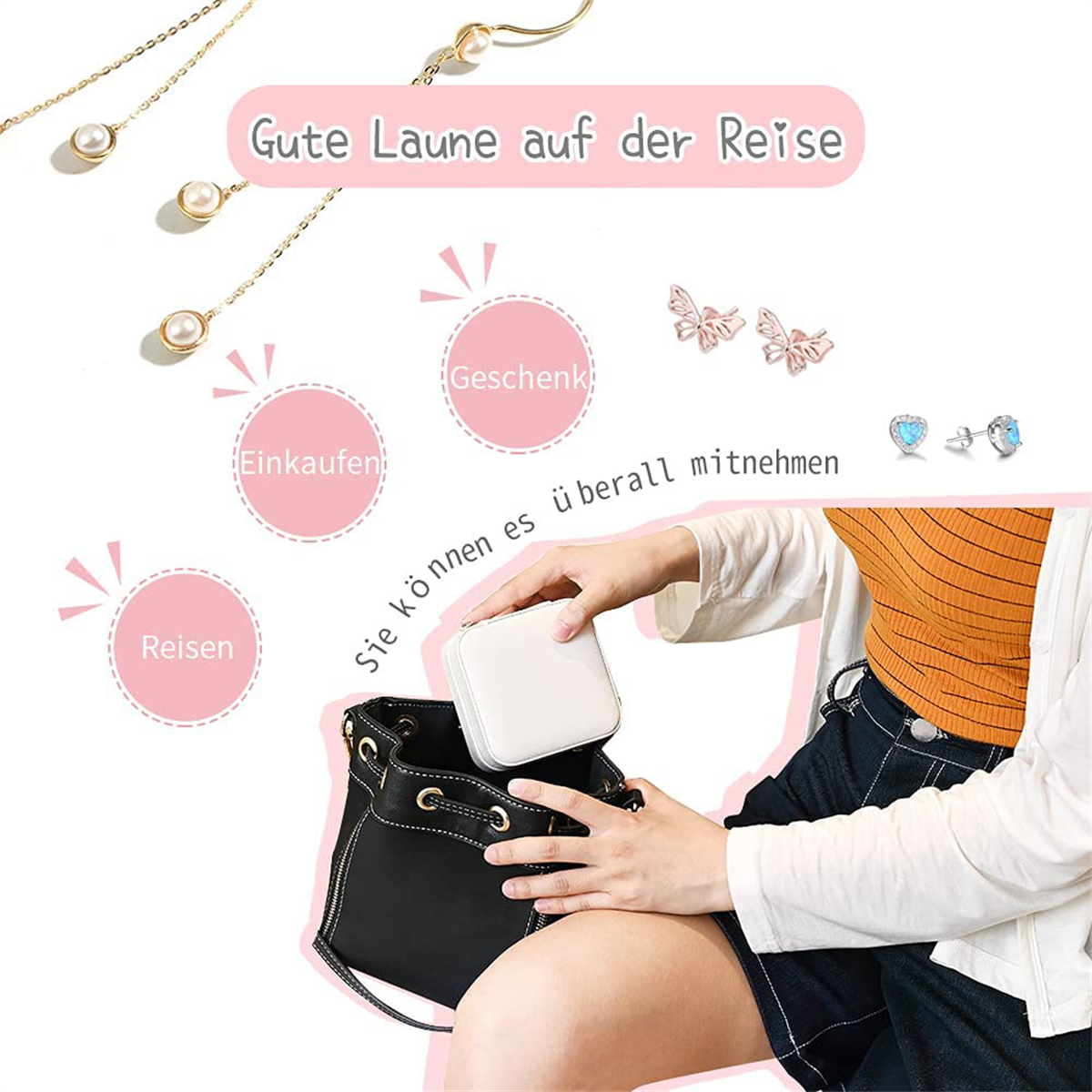 Eine Person packt eine weiße Schmuckbox in eine schwarze Tasche.