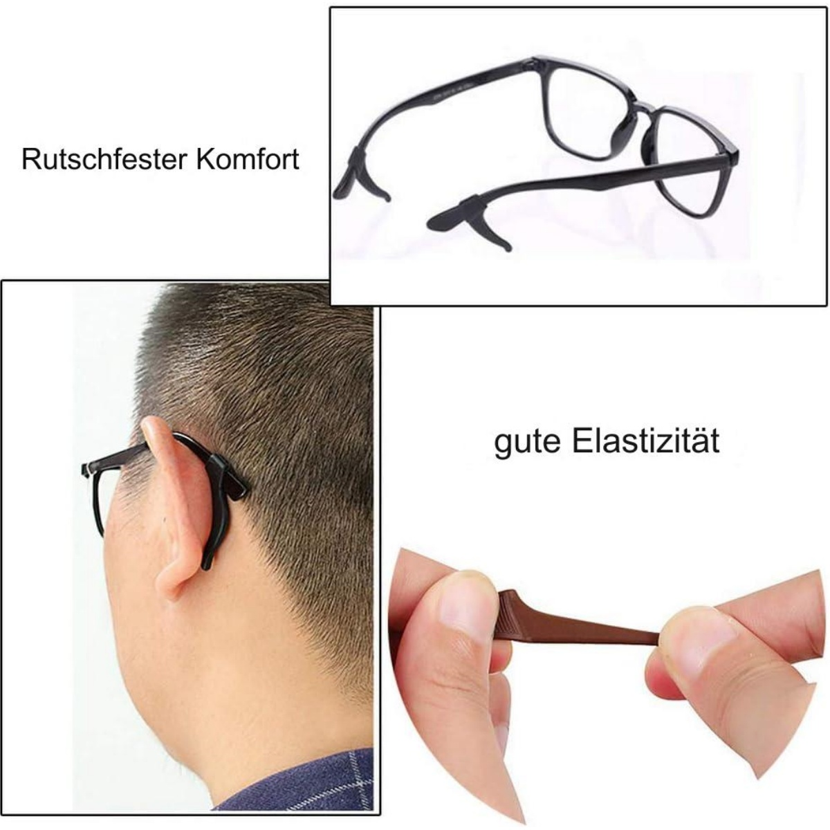 Brille mit rutschfesten Bügeln, die am Ohr anliegen, und einer Hand, die das Material dehnt.