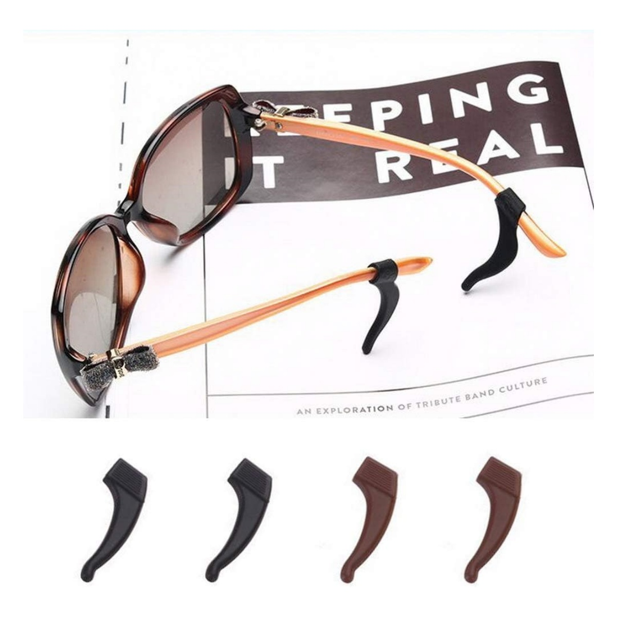 Braune Sonnenbrille mit Ohrbügel-Aufsätzen und vier zusätzlichen Aufsätzen darunter.