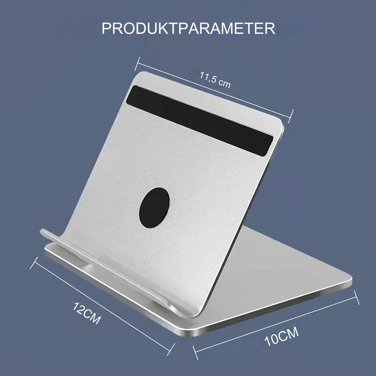 Ein silberner Tablet-Ständer mit Maßen von 12 cm x 10 cm x 11,5 cm.