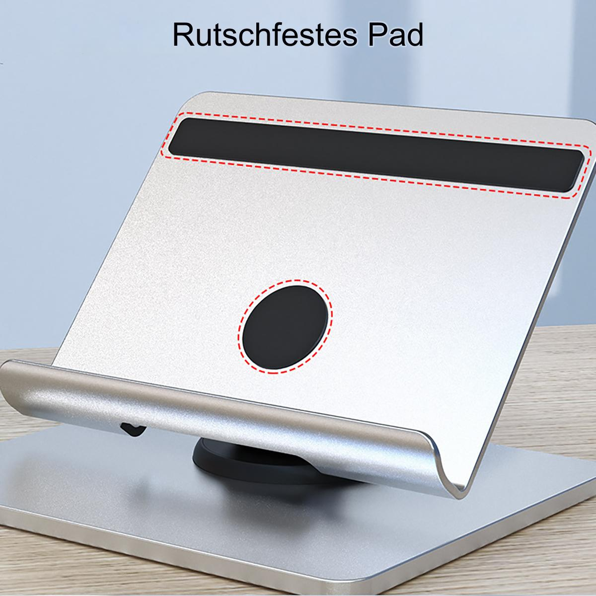 Silberner Tabletständer mit schwarzem rutschfestem Pad und roter gestrichelter Linie.