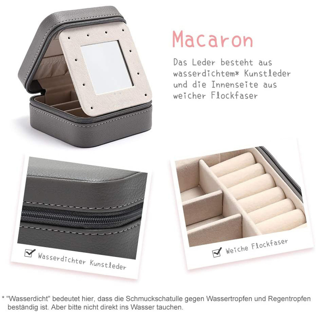 Graue Schmuckschatulle geöffnet mit Spiegel und Fächern. Nahaufnahmen zeigen Reißverschluss und Innenseite.