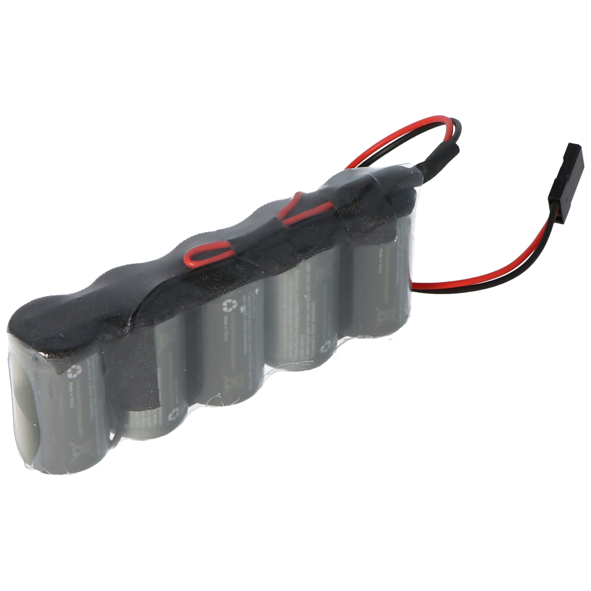 Ein Akkupack mit sechs grauen Batterien, umwickelt mit schwarzem Klebeband und Plastik.