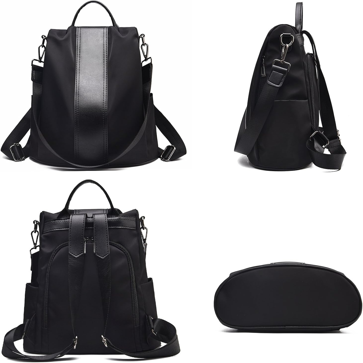 Schwarzer Rucksack mit Reißverschluss und Schultergurten, Vorder- und Rückansicht.