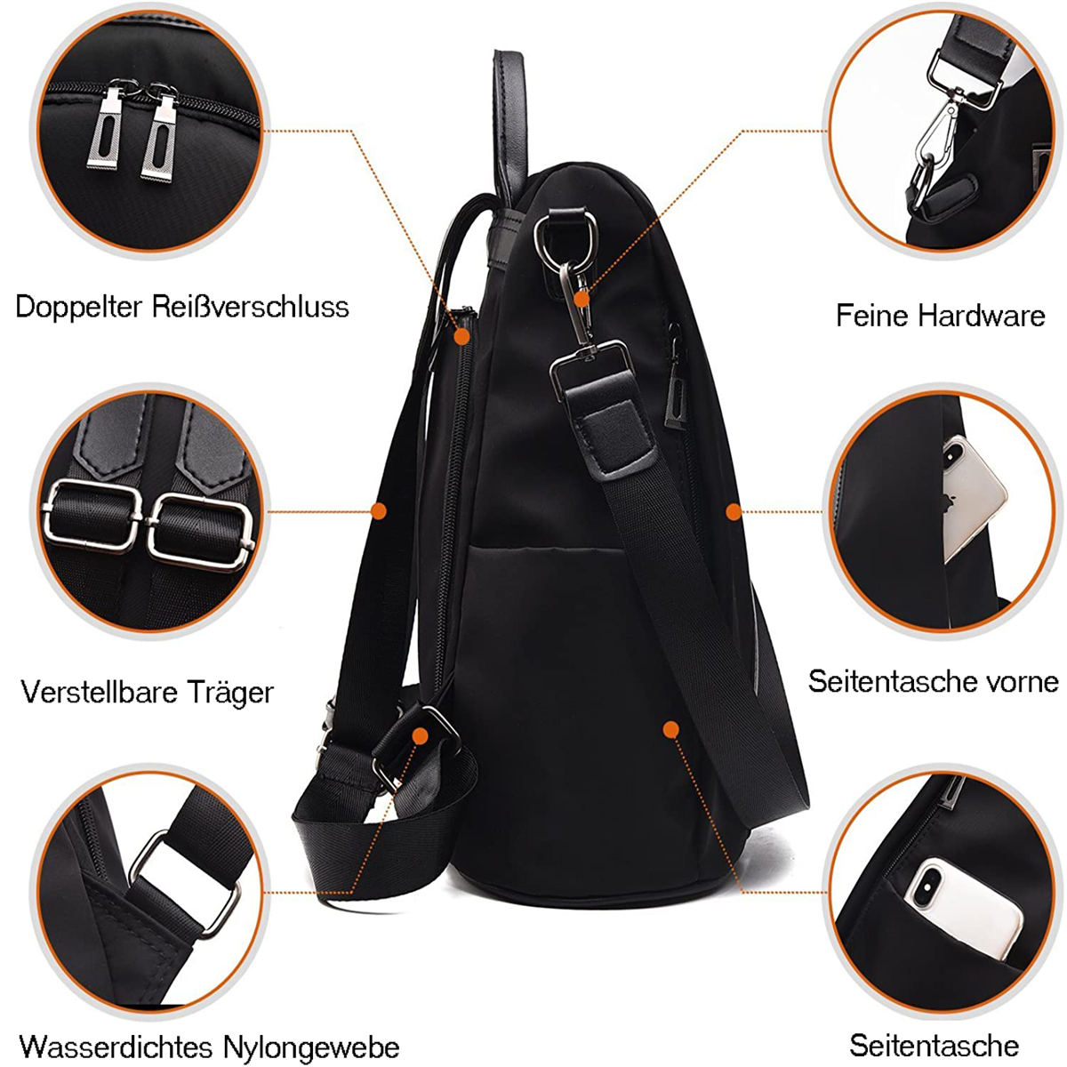 Schwarzer Rucksack mit Details: Doppelreißverschluss, verstellbare Träger, Seitentaschen.