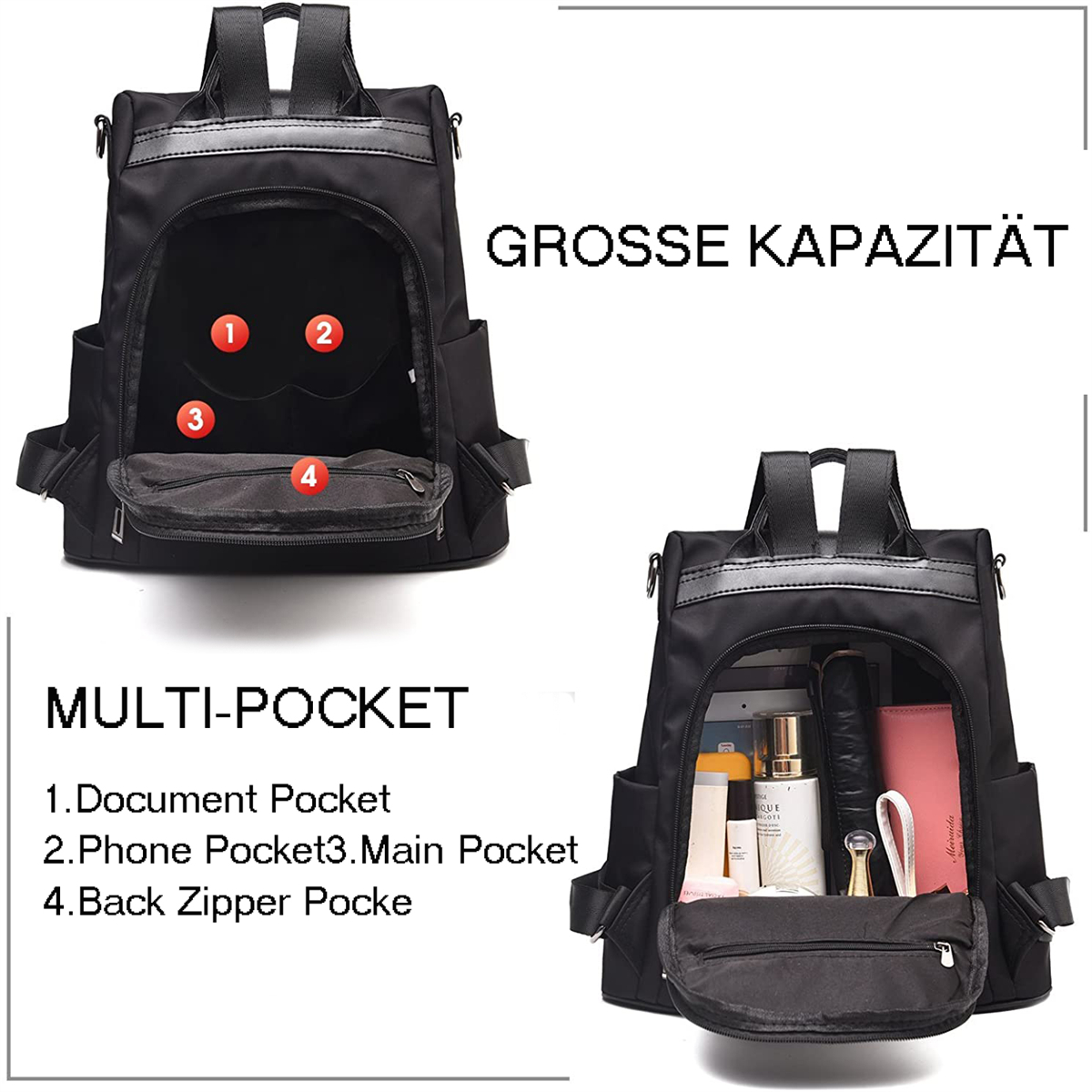 Schwarzer Rucksack mit großem Hauptfach und verschiedenen Taschen.