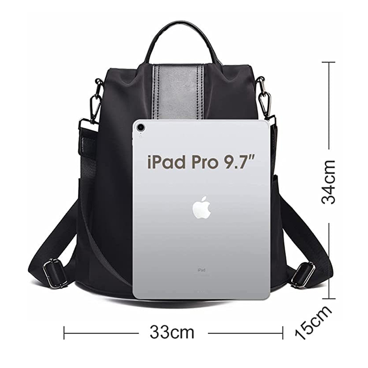 Schwarzer Rucksack mit iPad Pro 9.7, 33x34x15cm.