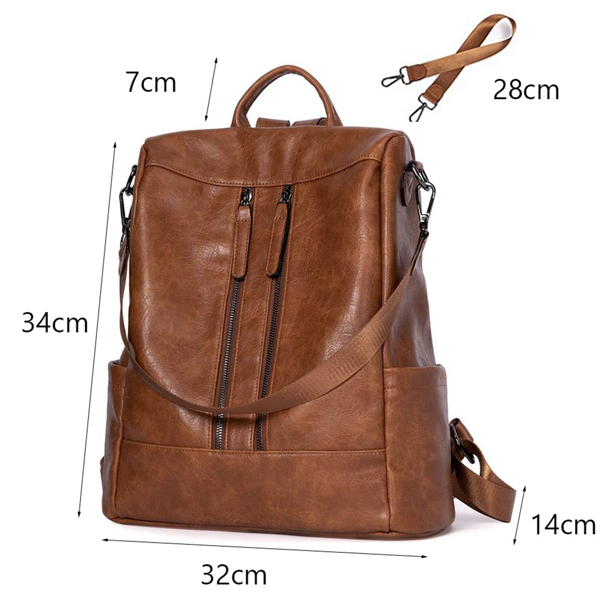 Brauner Rucksack mit Maßen: 34x32x14 cm. Enthält abnehmbare Träger.