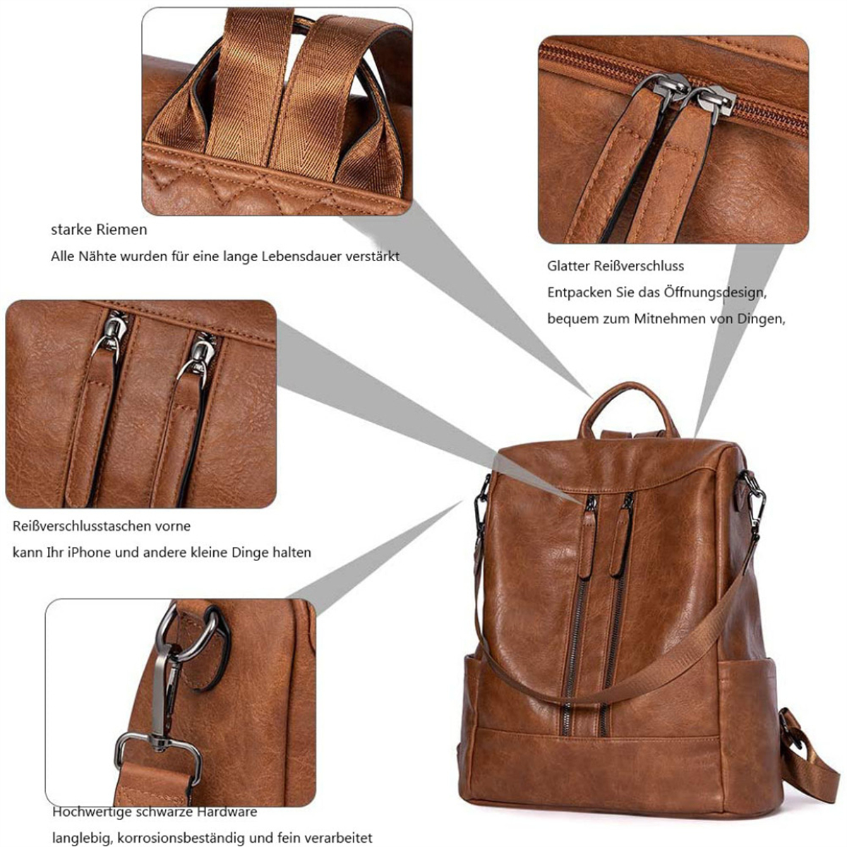 Ein brauner Rucksack mit mehreren Reißverschlusstaschen und verstärkten Nähten.