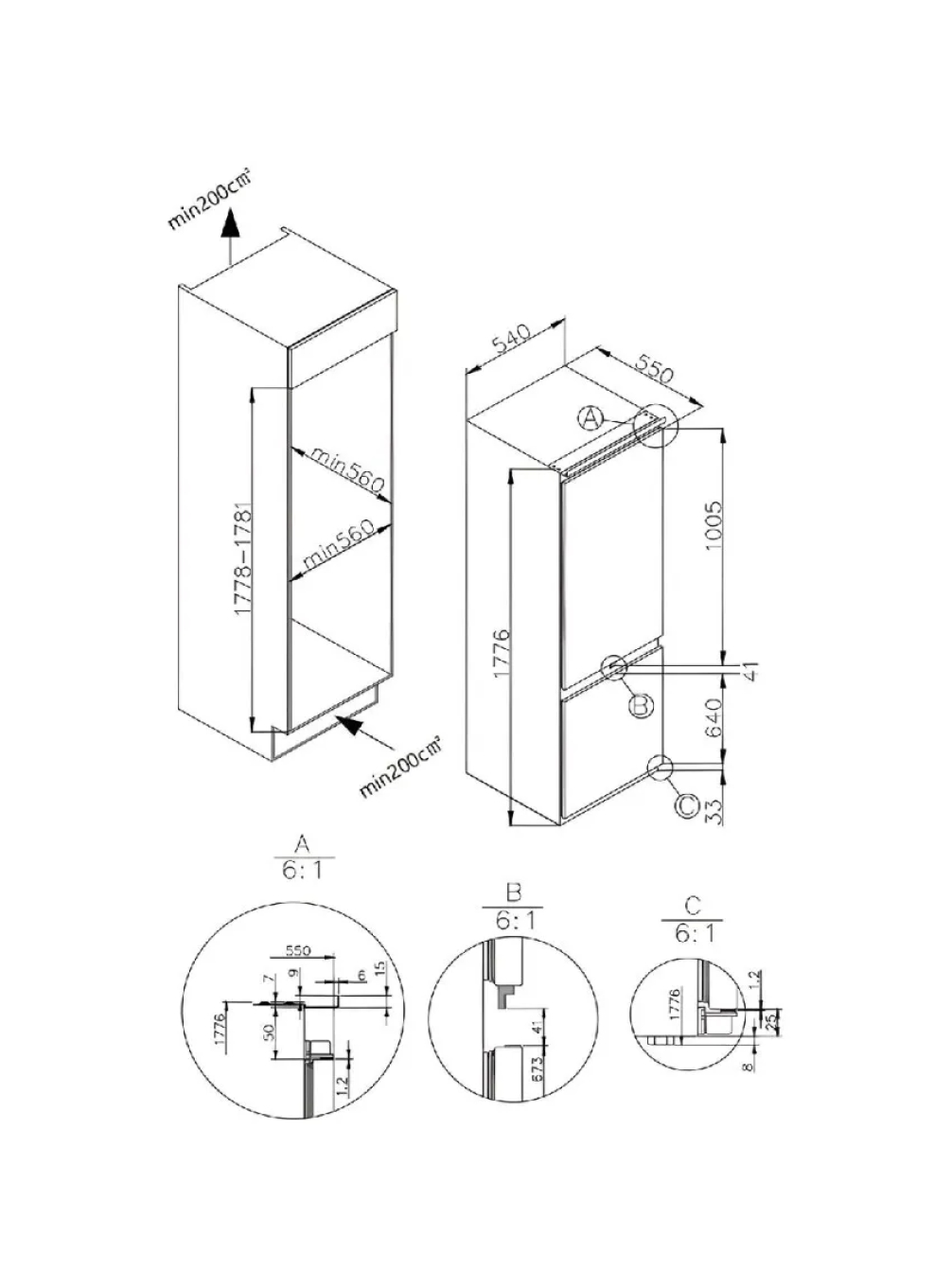 Disegno tecnico di un frigorifero con dimensioni e dettagli.