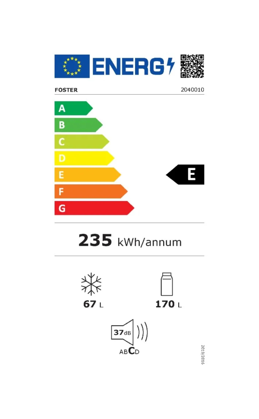 Etichetta efficienza energetica: Classe E, 235 kWh/anno, congelatore 67L, frigo 170L.
