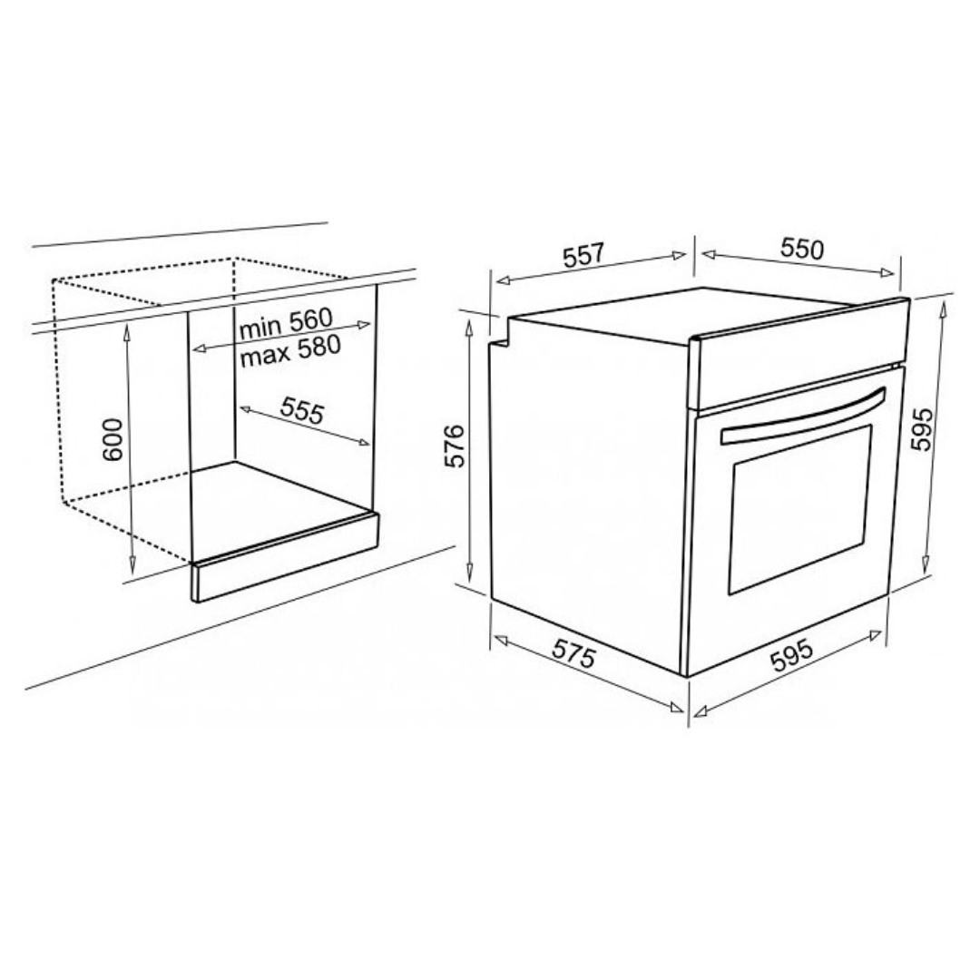Disegno tecnico di un forno da incasso con dimensioni.