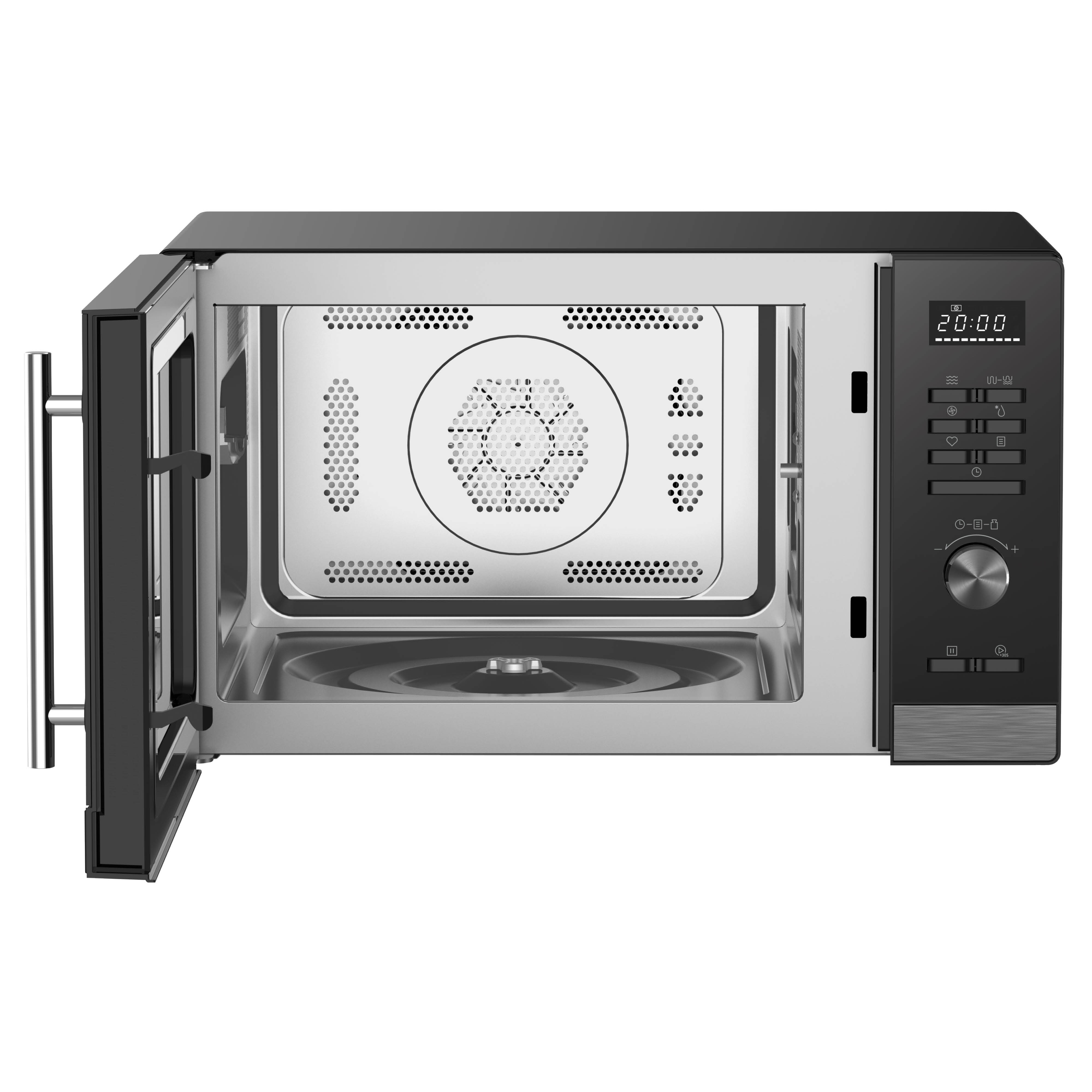 Een zwarte magnetron met open deur, zilveren handvat en draaiplateau binnenin.