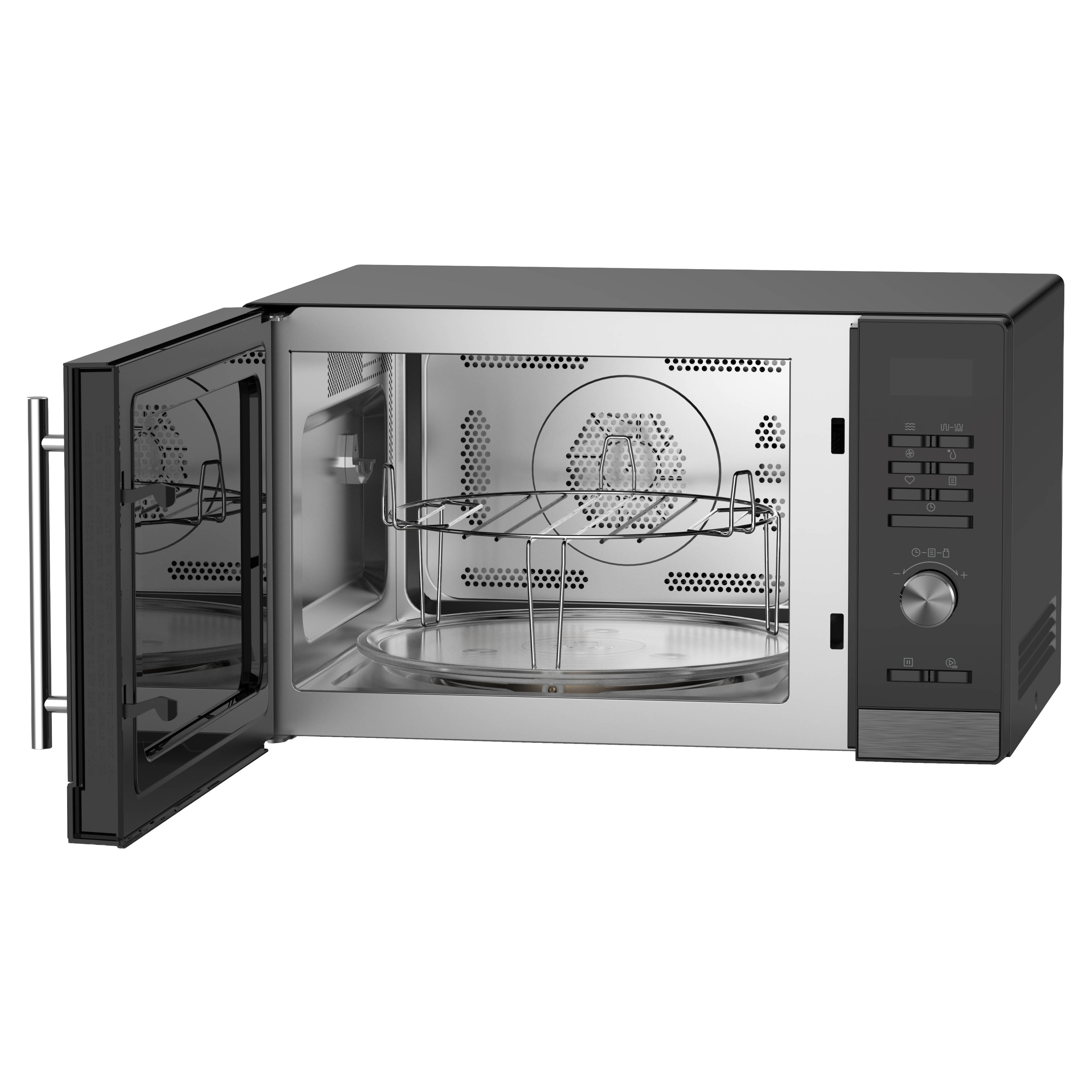 Open zwarte magnetron met zilveren rek en glazen draaiplateau binnenin.