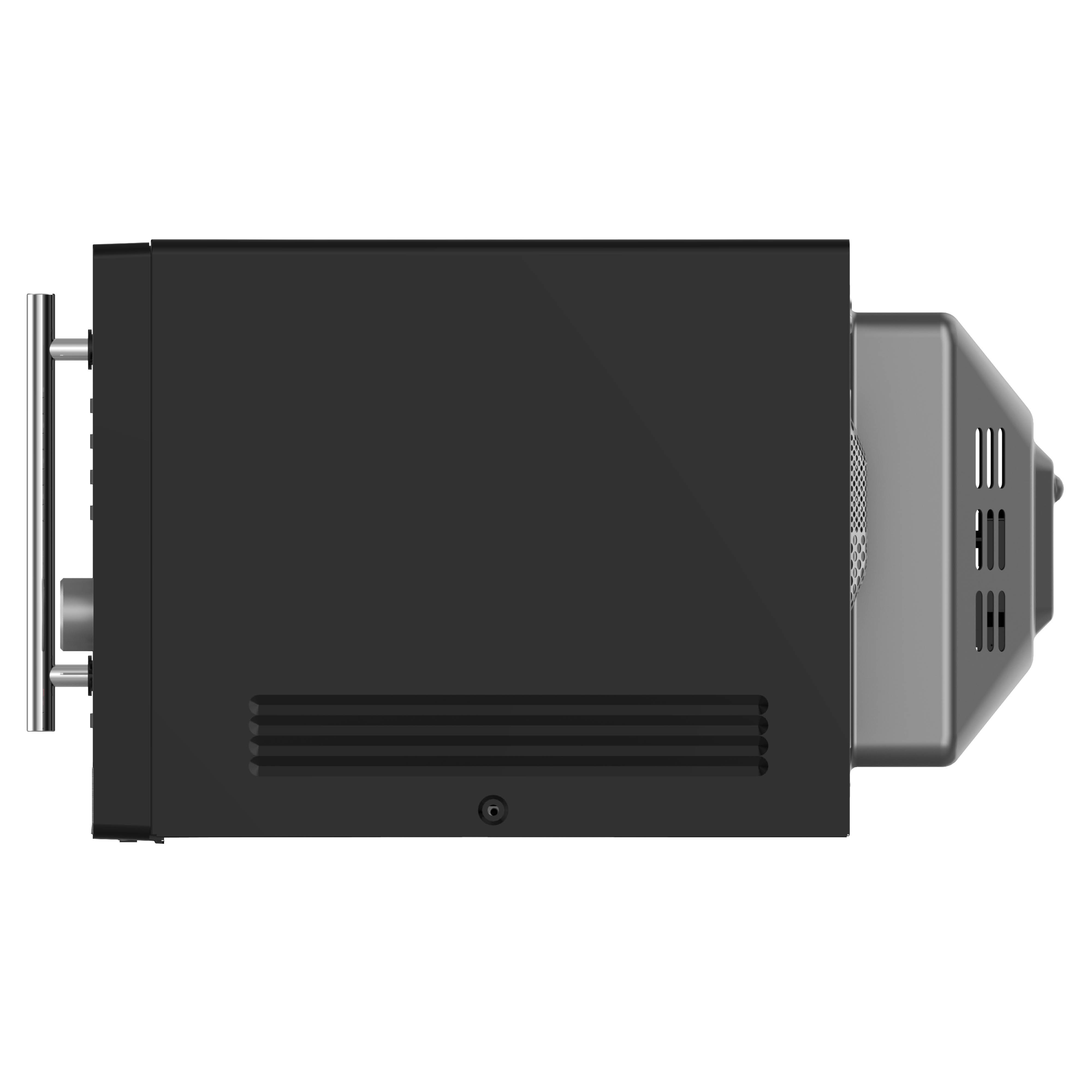 Zwart elektronisch apparaat met zilveren handvat en ventilatieopeningen.