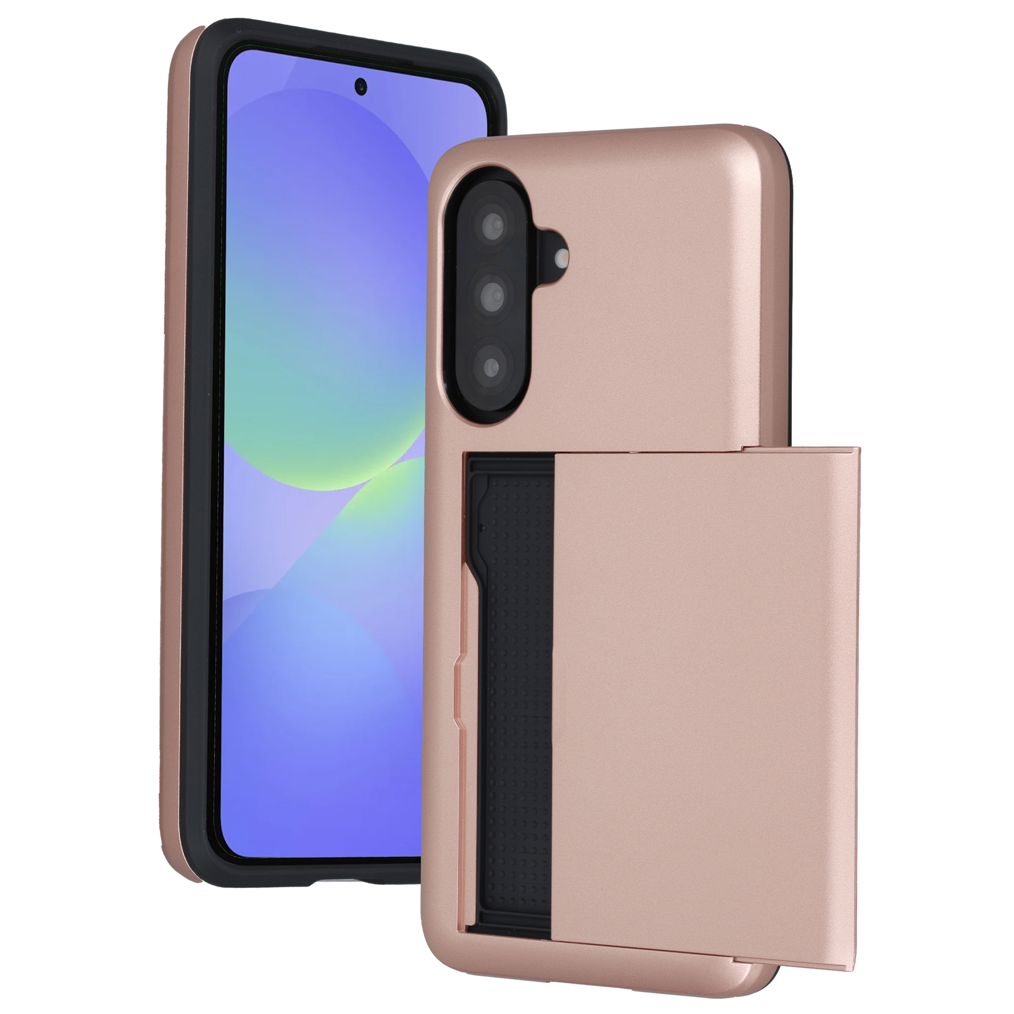 Een roségouden telefoon met camera aan de achterkant en een kaartsleuf in de hoes.