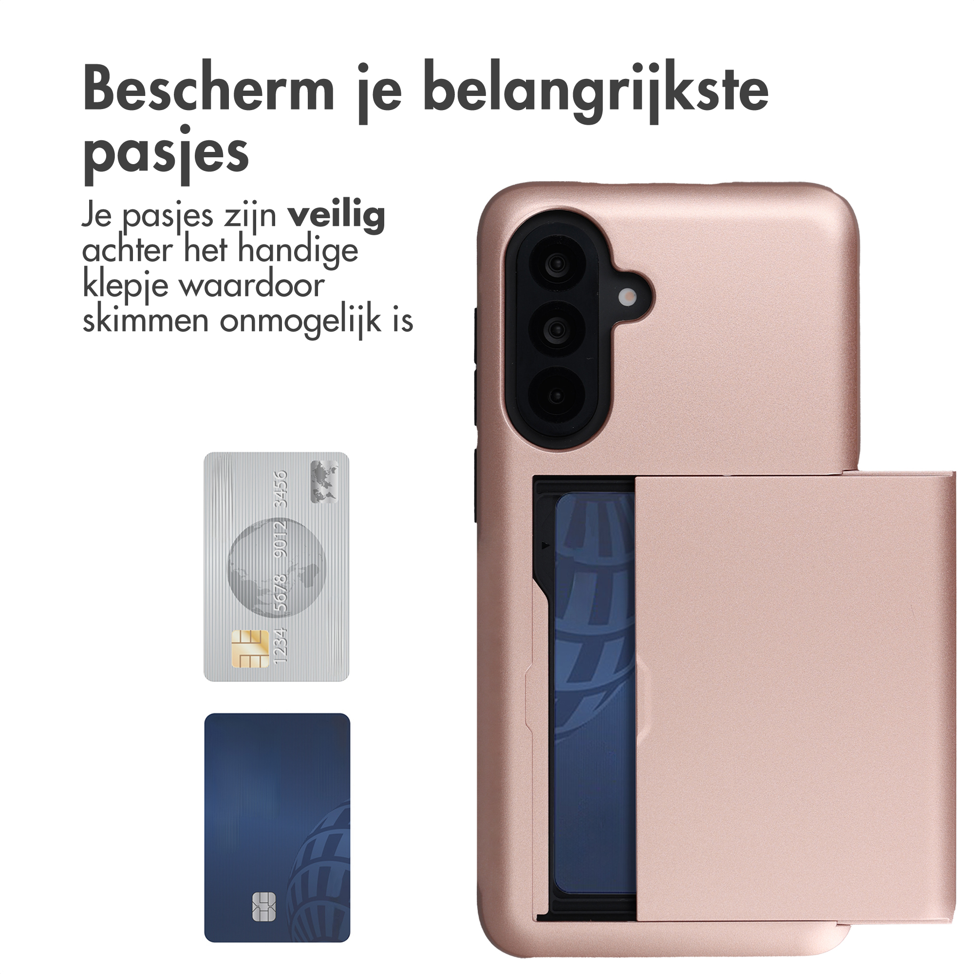 Een roségouden telefoonhoes met een kaarthouder en twee creditcards.