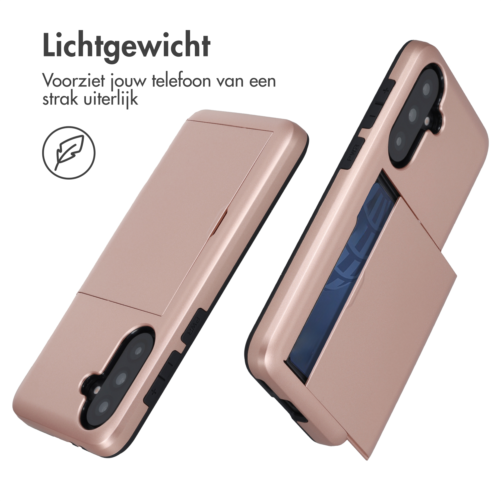 Twee roségouden telefoonhoesjes met kaartsleuf op witte achtergrond.