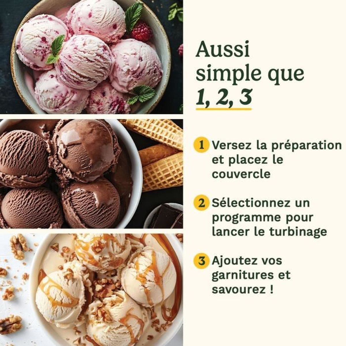 Drei Eiscremesorten: Himbeer mit Früchten, Schokolade und Karamell-Nuss.