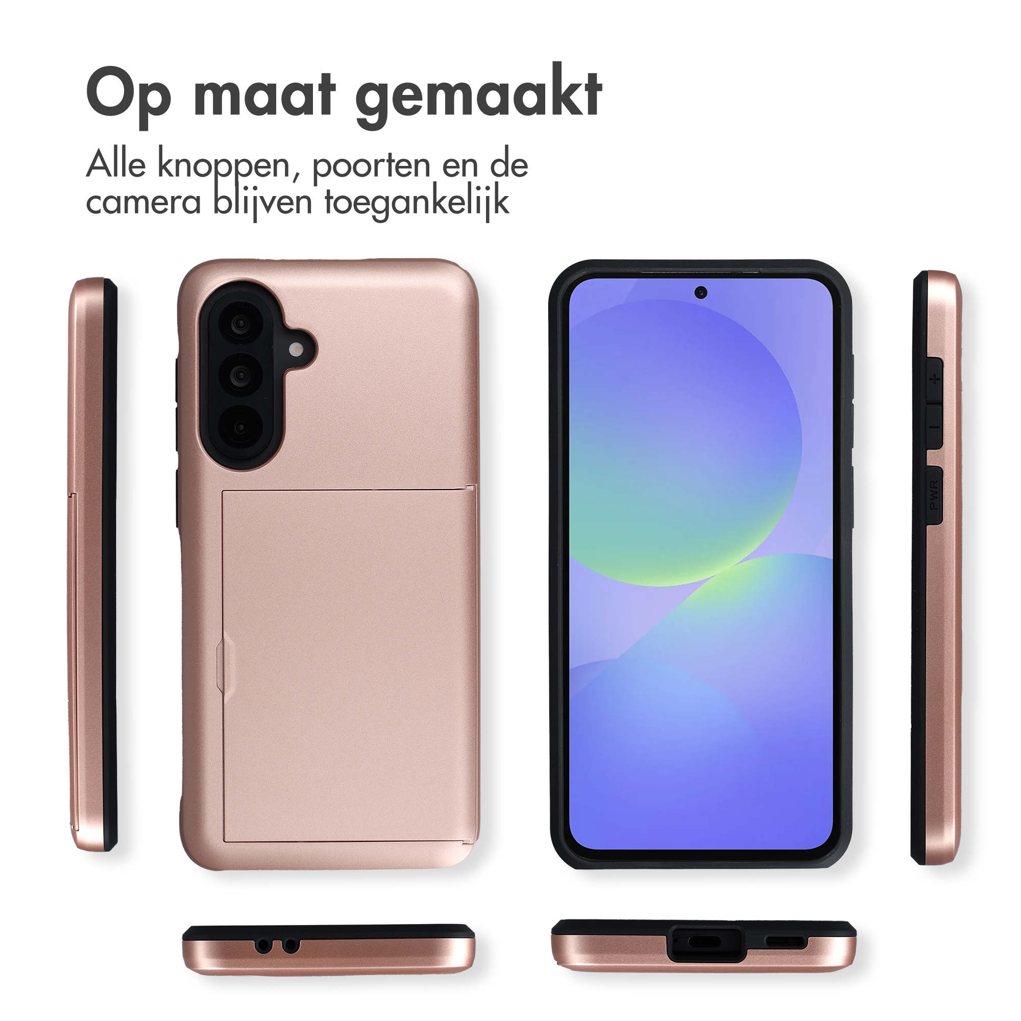 Een roségouden telefoonhoesje wordt van meerdere kanten getoond, met een close-up van de camera.