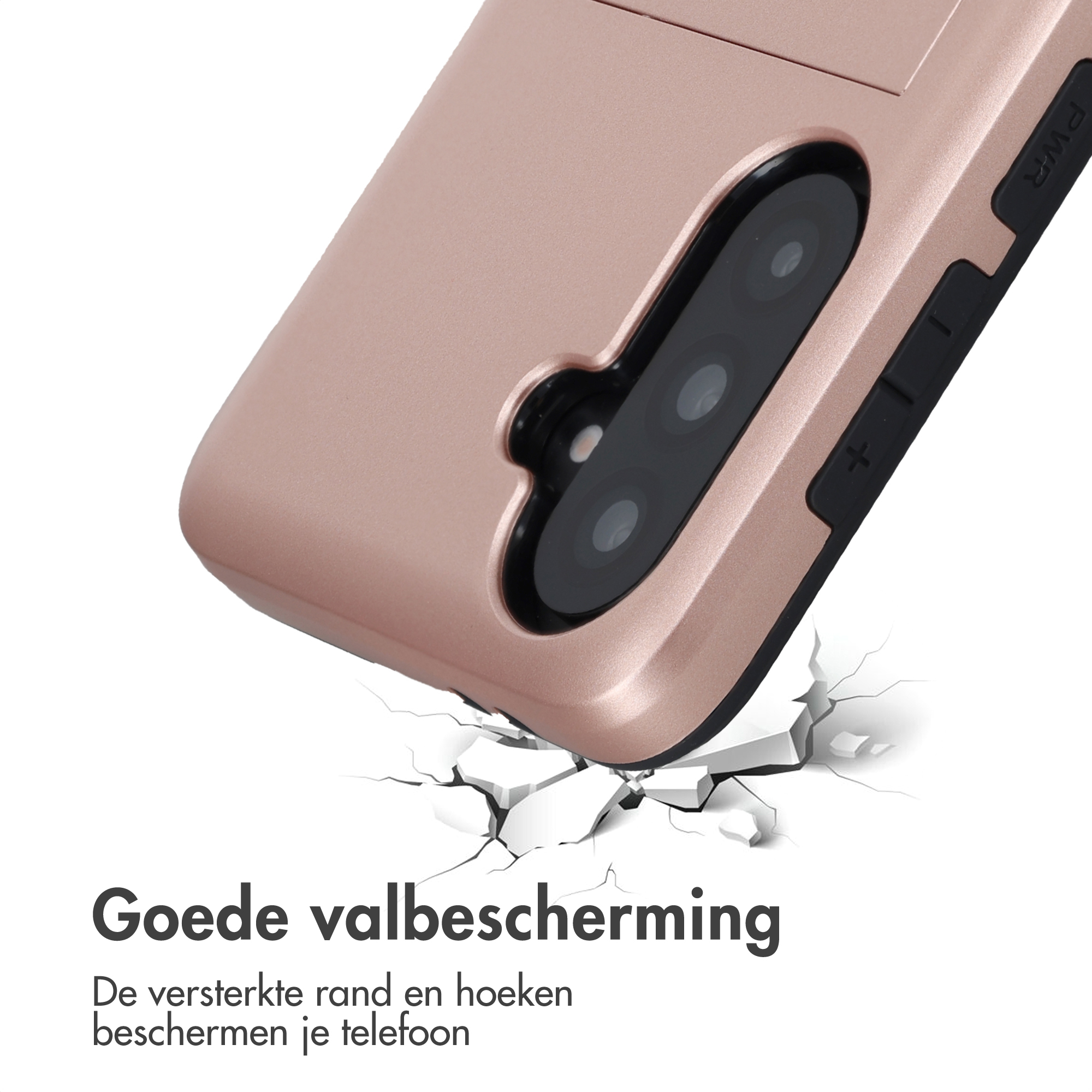 Een roségouden telefoonhoes breekt door een wit oppervlak.
