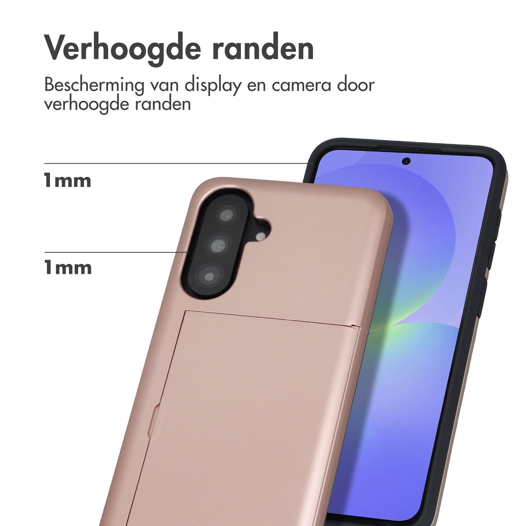 Een roségouden telefoonhoes met verhoogde camera en 1mm rand.