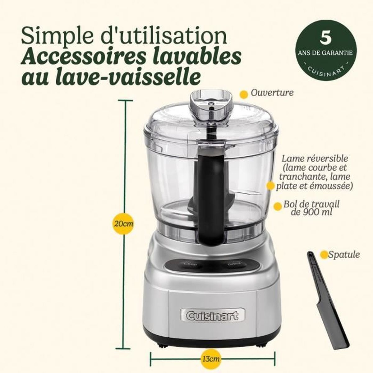 Robot da cucina Cuisinart argentato con ciotola trasparente e accessori, alto 20 cm.