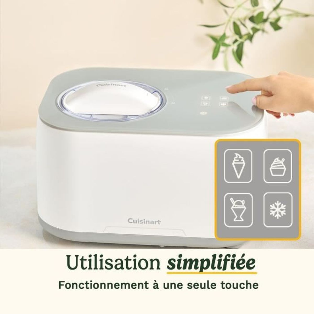 Ein weißer und grauer Cuisinart Eismaschine mit Icons für Eis und gefrorene Desserts.