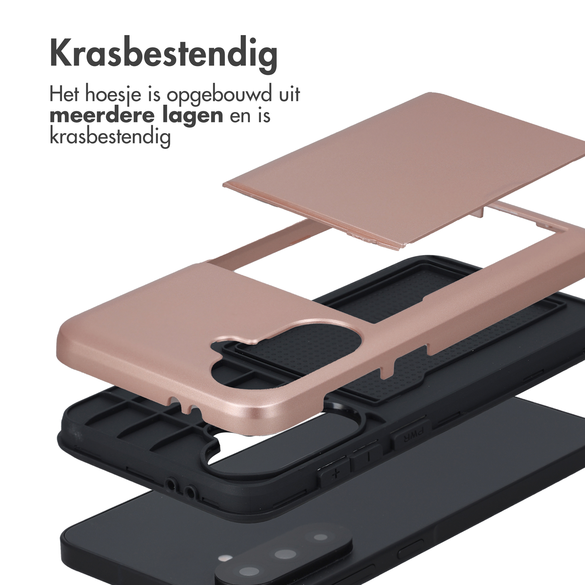 Explosietekening van een roségouden telefoonhoesje, met gelaagde constructie.