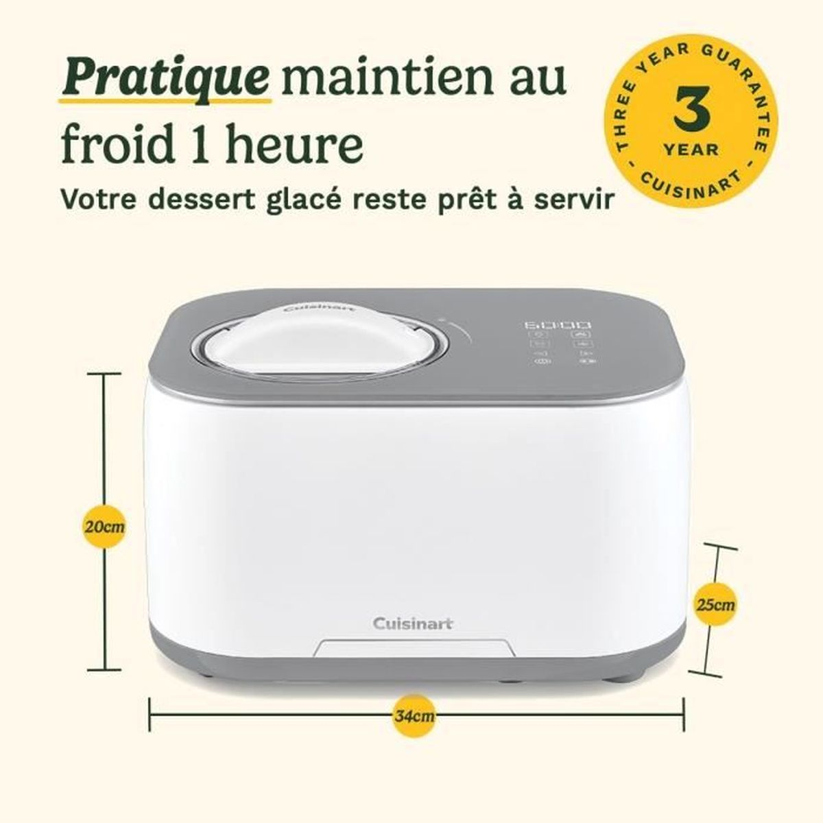 Weiße Cuisinart Eismaschine mit digitalem Display und Maßen.