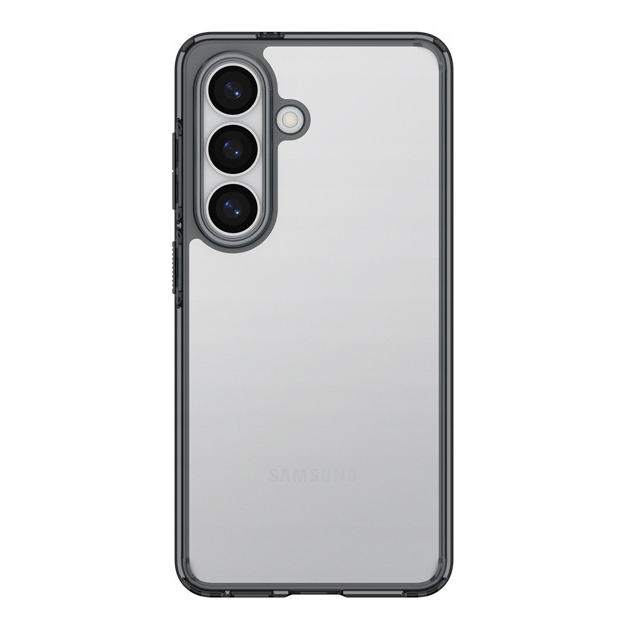 Retro di un telefono Samsung trasparente con tre fotocamere e bordo scuro.