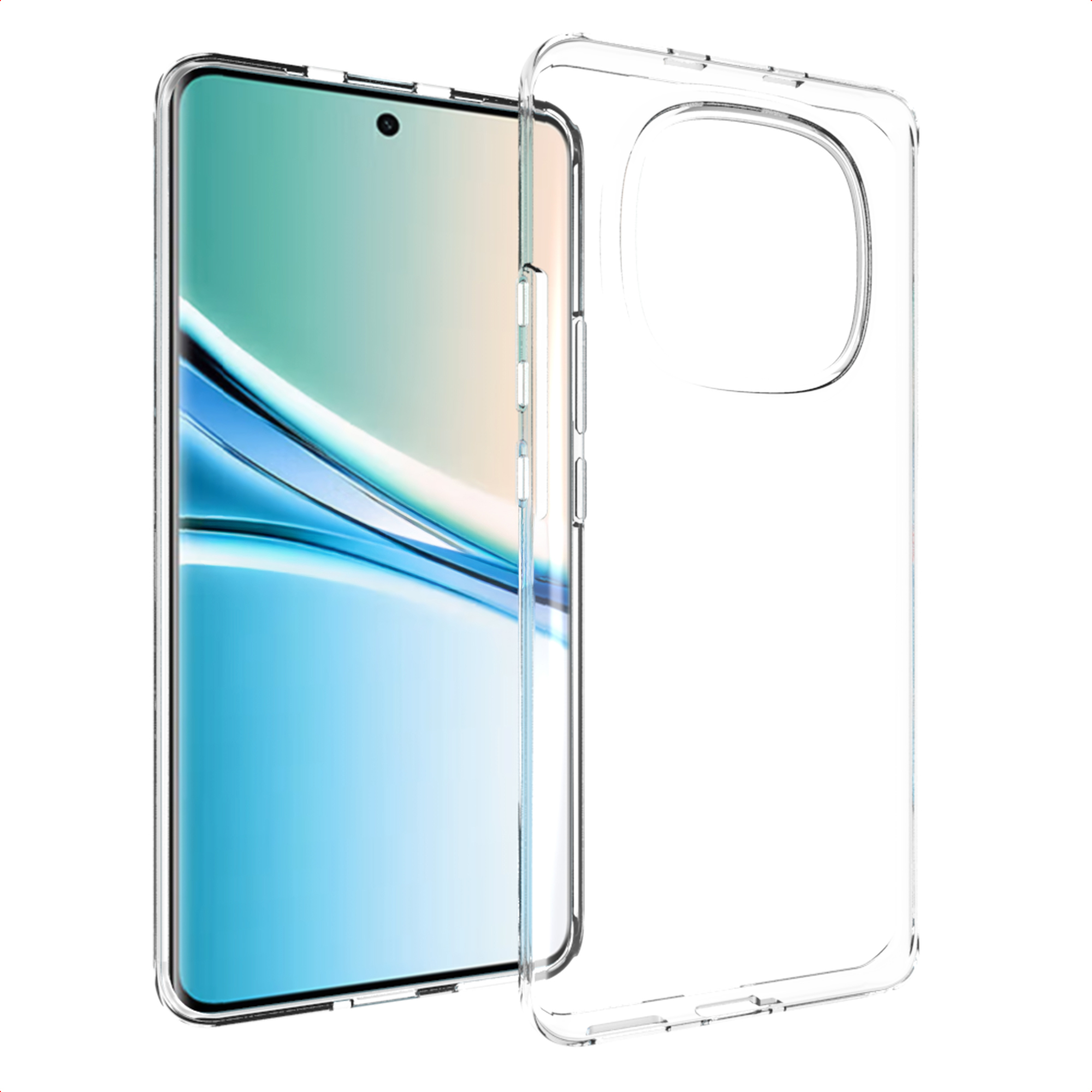 Une coque de téléphone transparente à côté d'un smartphone à écran bleu.