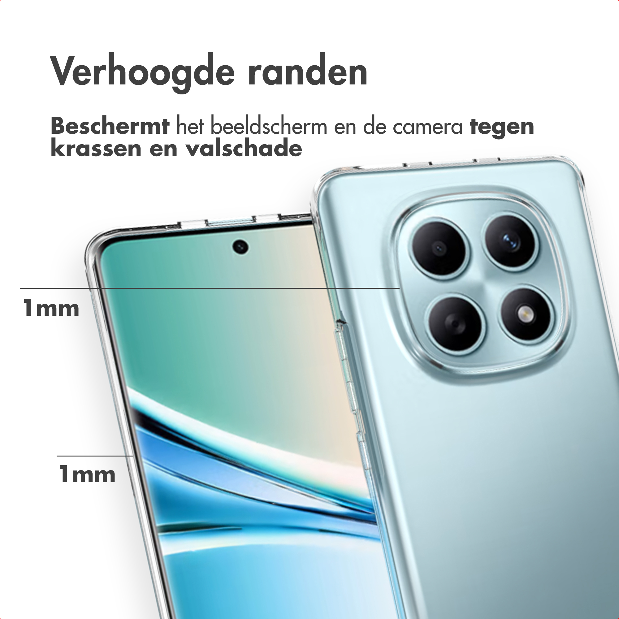 Un smartphone avec un étui montrant des bords surélevés.
