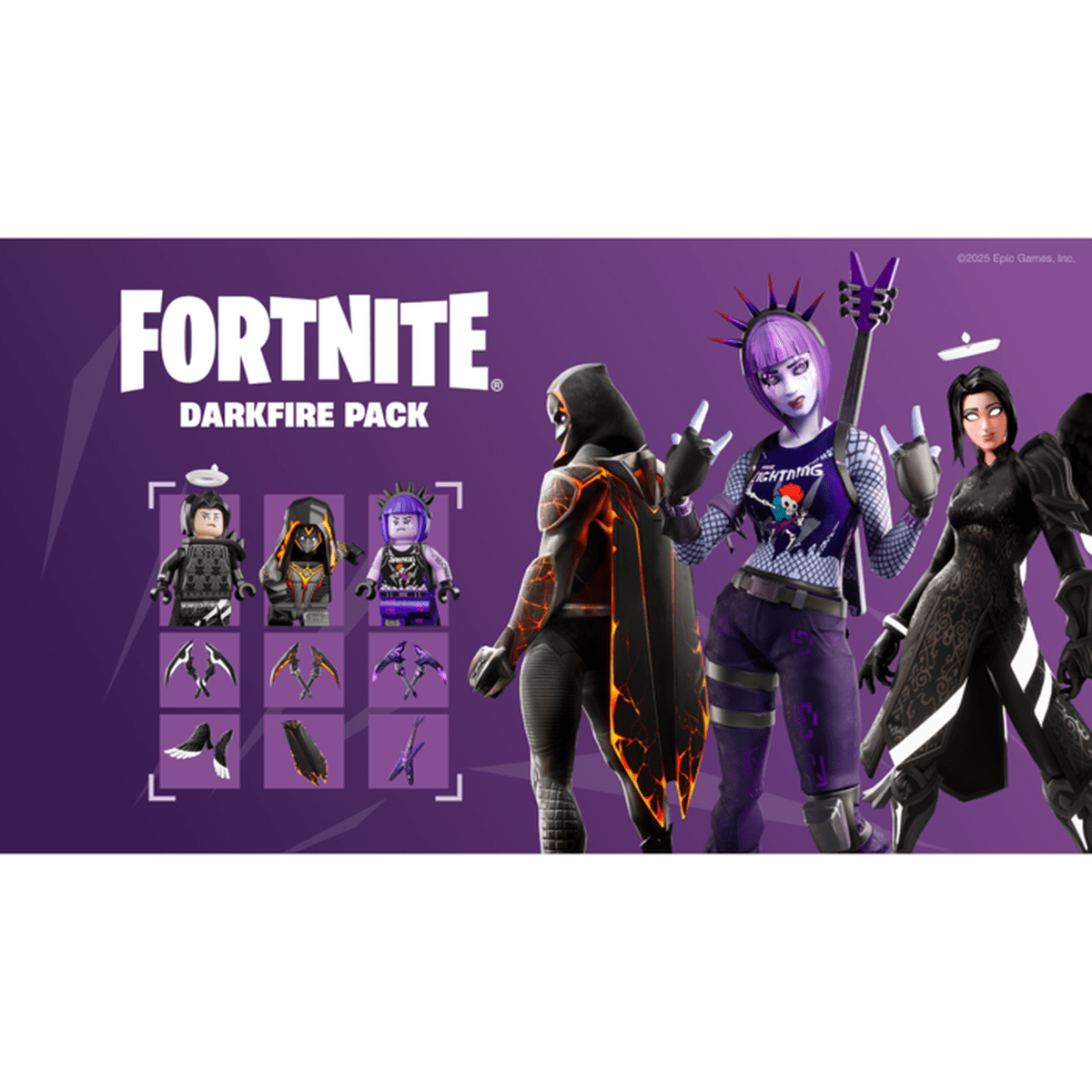 Fortnite Darkfire Pack: Charaktere im Lego-Stil, ein Feuer-Umhang, eine Punkerin und eine dunkle Fee.