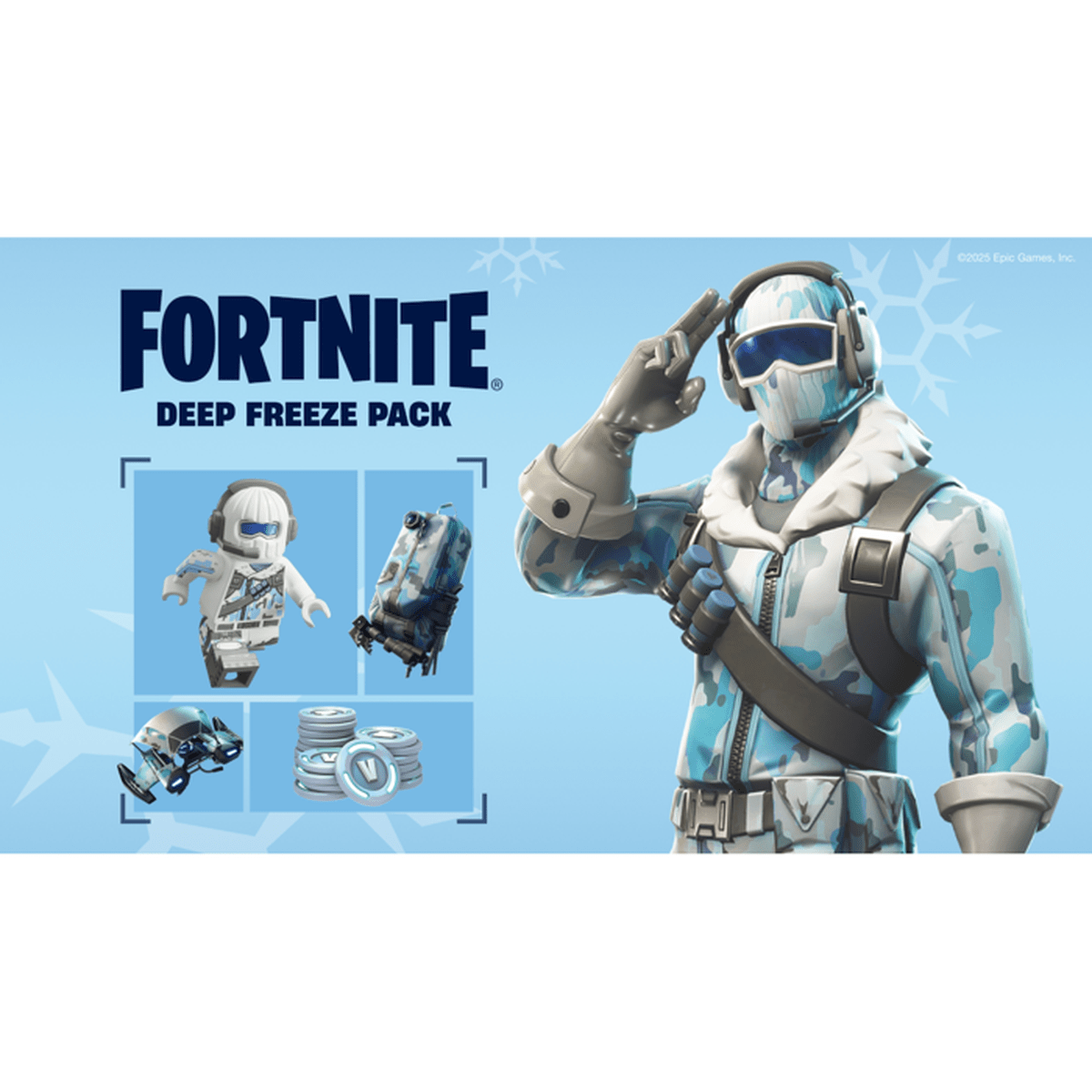 Fortnite Deep Freeze Pack: Figur, Rucksack, Gleiter und V-Bucks.