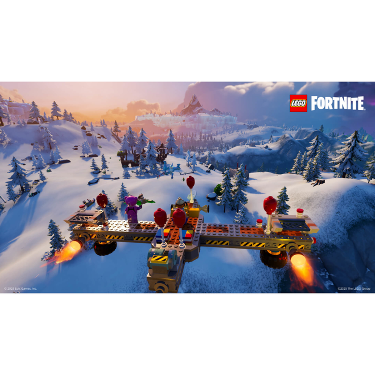 Ein Lego-Fortnite-Fahrzeug fliegt über eine verschneite Landschaft bei Sonnenuntergang.