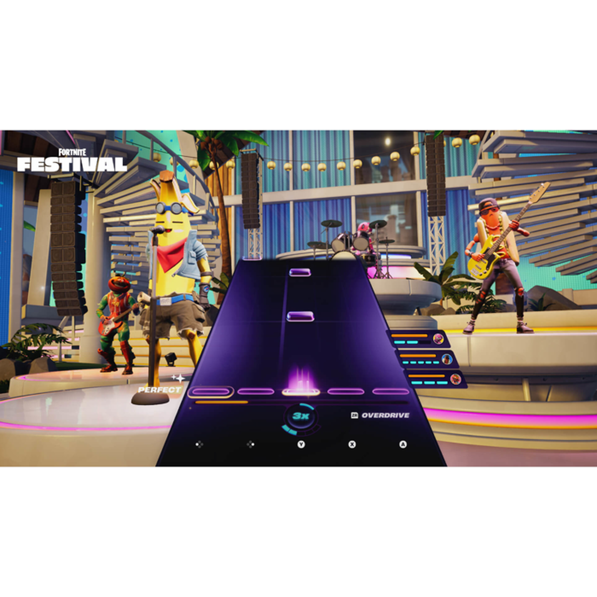Fortnite Festival-Spiel mit Bandmitgliedern und Musiknoten.